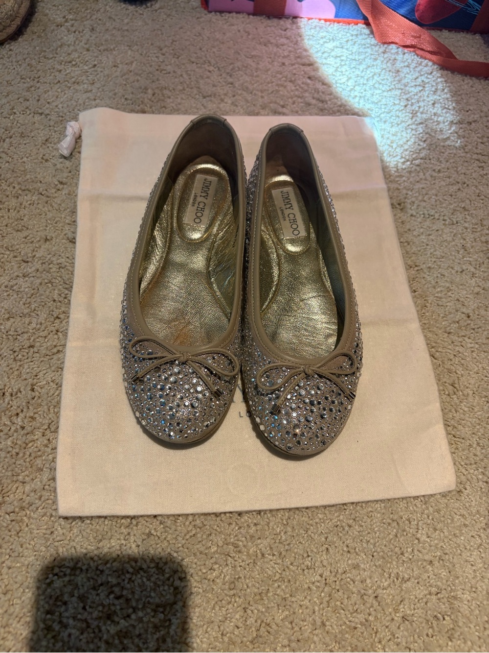 Jimmy Choo Taupe Crystal Bow Ballet Flats